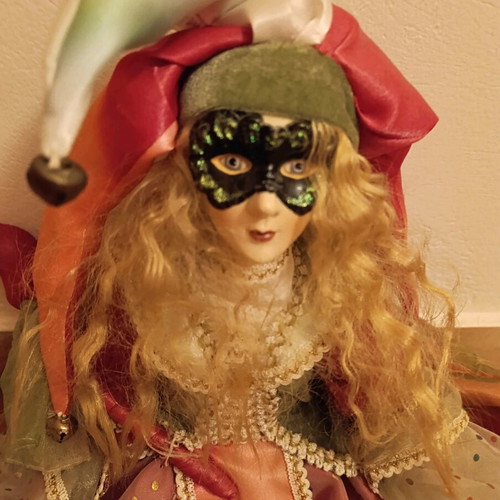 Venetian Harlequin Doll collectible like new, porcelain and fabric 50 cm tall