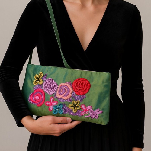 Evening bag satin texture with embossed embroidery like new, multicolor green