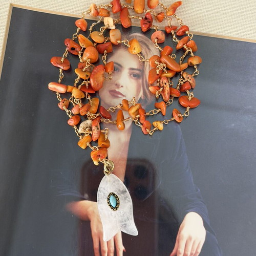 Handmade necklace with coral, copper