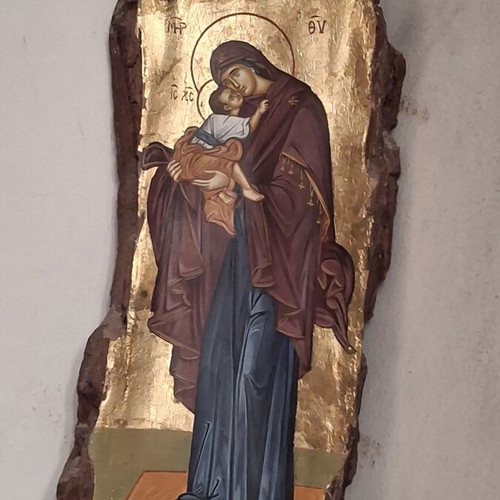 Vintage 1990s Greek Orthodox icon of Panagia with Christ on natural pine wood