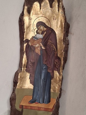 Vintage 1990s Greek Orthodox icon of Panagia with Christ on natural pine wood