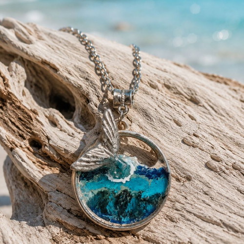 Handmade Long Necklace Mermaid with Polymer Clay and Resin in Silver Frame