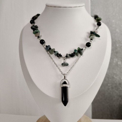 Handmade Gothic necklace with natural stones and black crystal pendant