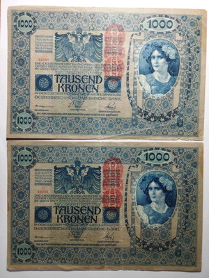 Austria 1000 Kronen 1902 two banknotes like new with consecutive serial numbers