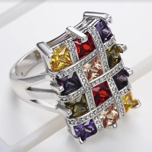Ring with Colorful Cubic Zirconia New, Silver Plated Metal
