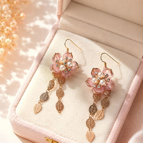 Statement Earrings Romantic Willow handmade, pink flower and dangling leaves
