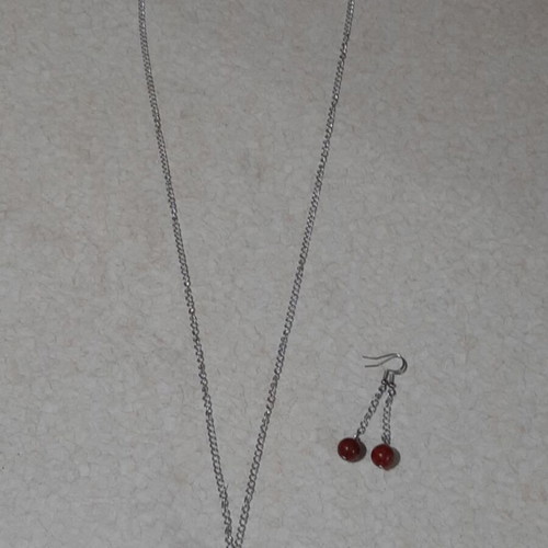 Necklace and earrings with coral in steel, new, 70 cm long