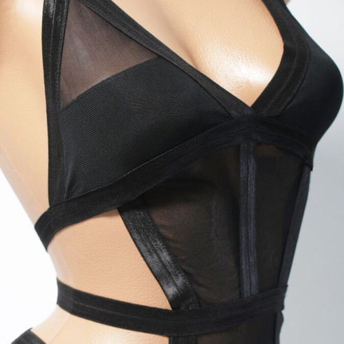 Body lingerie with straps and transparent mesh, black, new