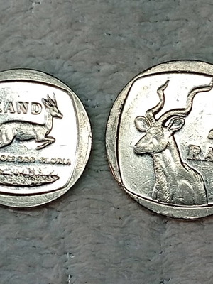 South African coins used, set of 2, 2008 2 Rand and 2012 1 Rand