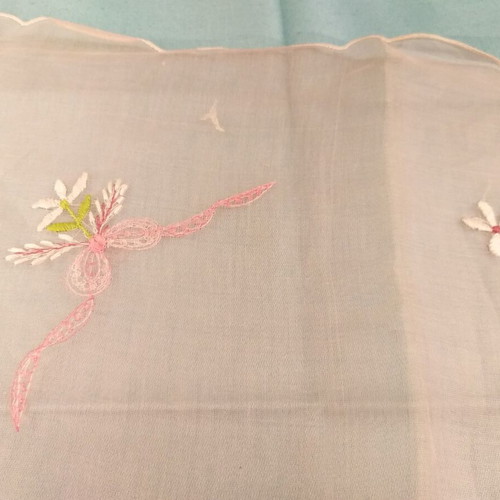 Machine embroidery runner from pink organza with floral design like new
