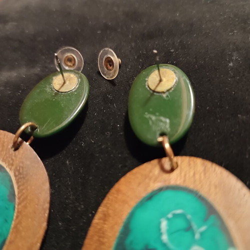 Statement earrings with wood and turquoise resin