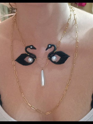 Black Swans in Love Necklace new handmade macrame with gold chain and pearl