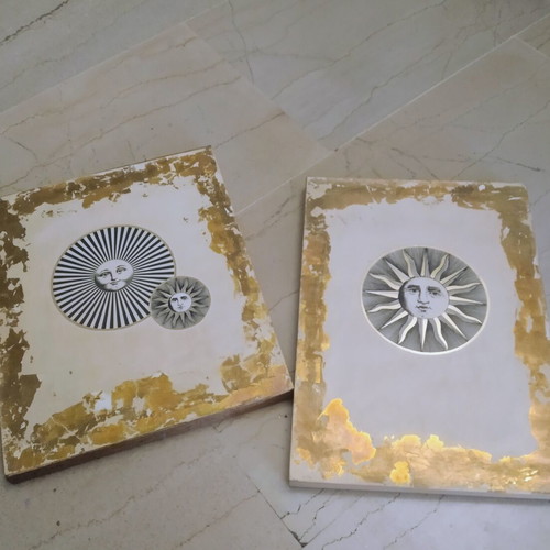 Fornasetti art prints with gold leaf on solid wood like new