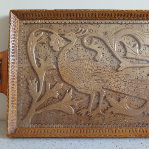 Woodcarved tray with peacock design like new