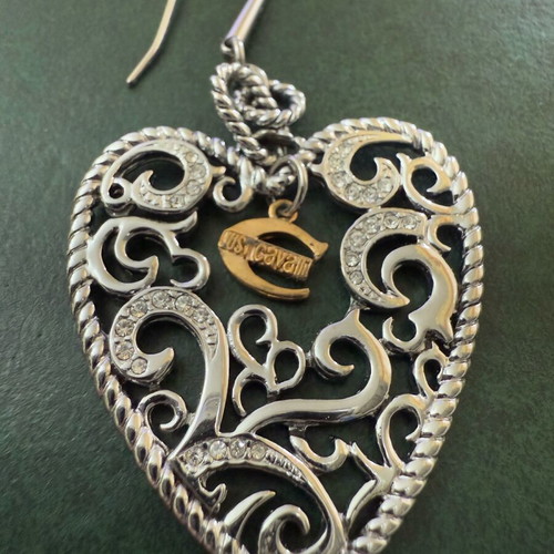 Roberto Just Cavalli earrings like new, silver with big heart crystals