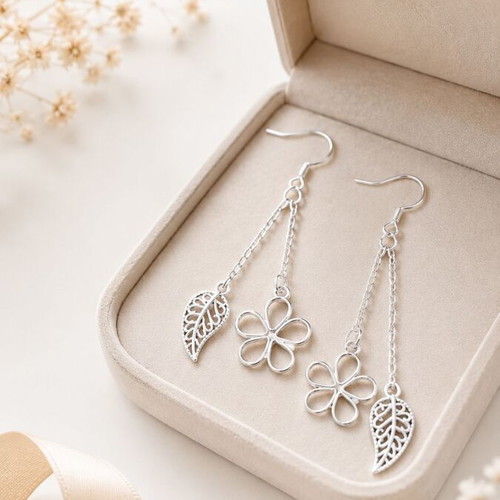 Handmade silver earrings Fairy Garden with double chain, flower and leaf