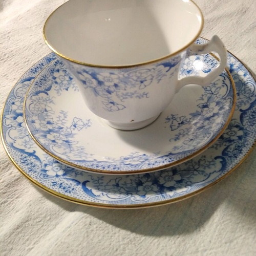 Antique English porcelain tea cup trio set with saucer and cake plate, blue