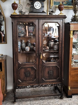 Antique English Display Cabinet Jacobean Revival Solid Oak Like New