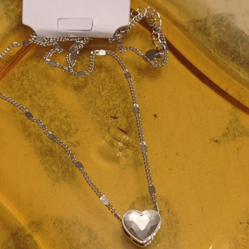 Stainless Steel Necklace with Heart Pendant and Crystal, new