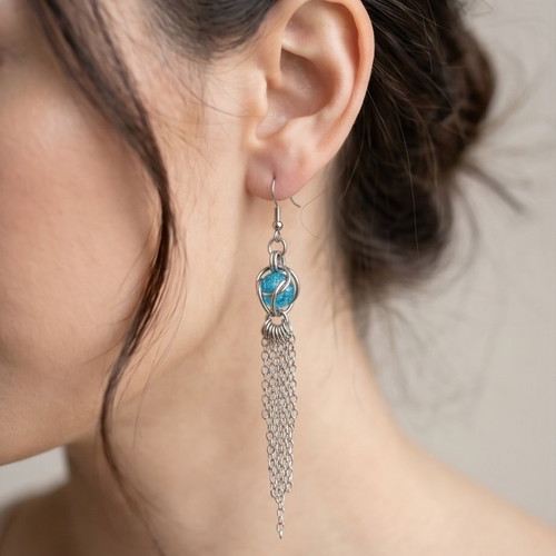 Captured Bead Chain Earrings stainless steel with blue bead, new
