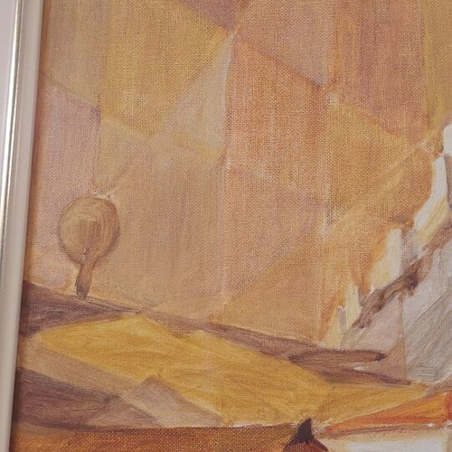 Painting by Y. G. Androulakis used, landscape with castle and settlement
