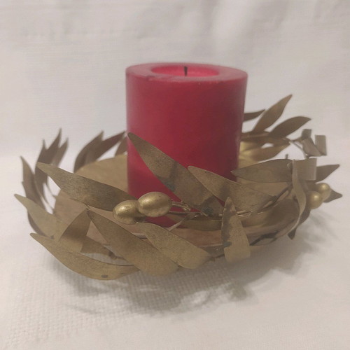 Handmade metal candlestick hammered with olive branch decoration like new