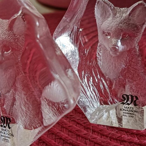 Mats Jonasson Baby Fox crystal sculpture set of 2, new