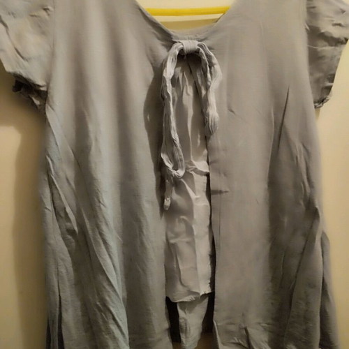 Short-sleeve summer blouse used, gray and turquoise, size M