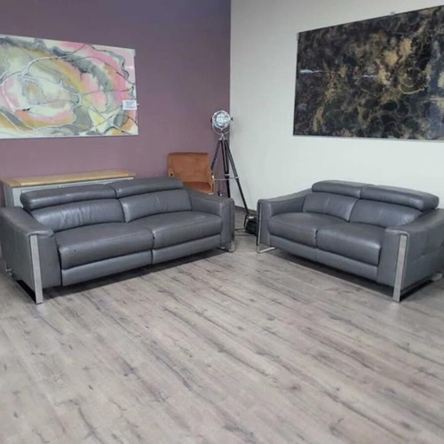 Gray Leather Sofa Set Three-Seater and Two-Seater Torres New