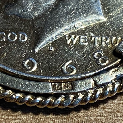 Collectible pendant large 1968 half dollar coin with silver wreath, like new