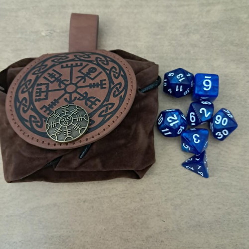 Runic brown leather dice bag with blue marbled D&D dice set