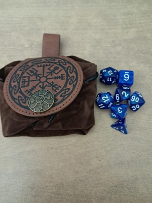 Runic brown leather dice bag with blue marbled D&D dice set
