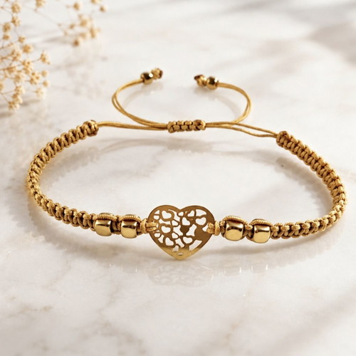 Macrame bracelet with gold steel heart