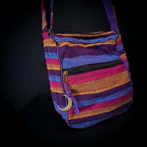 Cotton Sling Bag new, pink and multicolored with copper moon charm