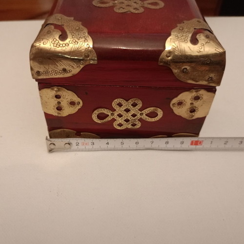 Wooden jewelry box used, red and gold