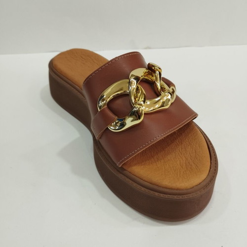 Leather sandals new, beige and brown, size 39, gold decoration