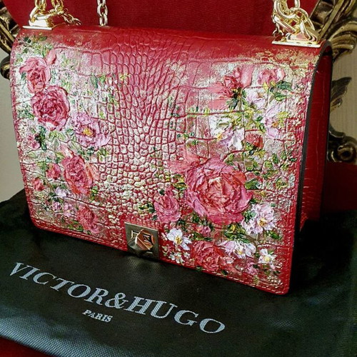 Leather crossbody bag red with hand-painted floral design new