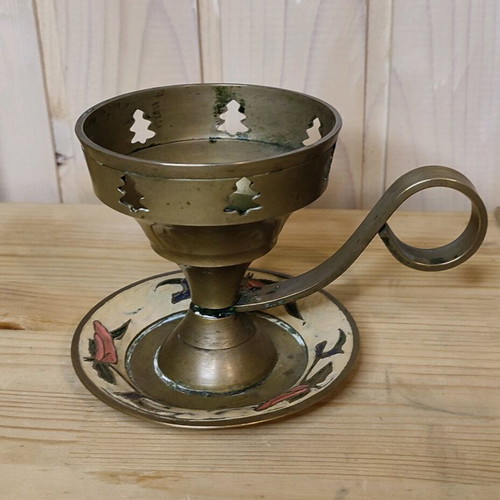 Candle Holder Incense Burner vintage solid brass with hand-painted design