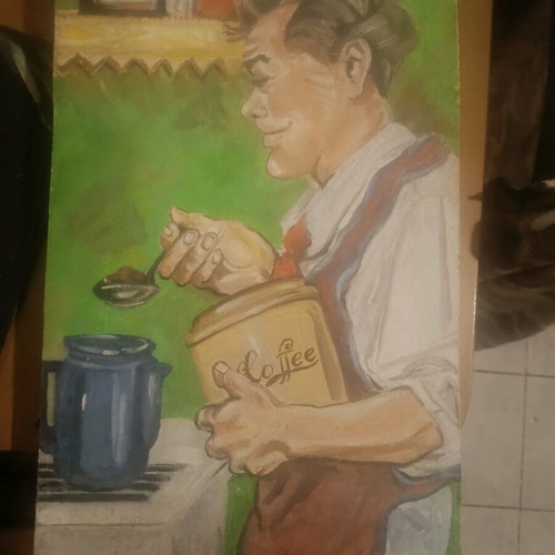 Handmade wooden painting used, retro coffee maker 50s