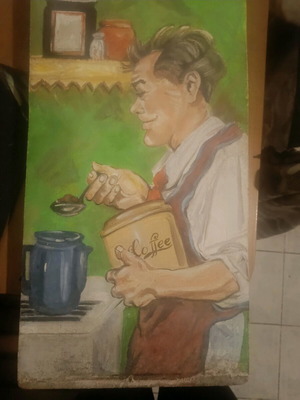 Handmade wooden painting used, retro coffee maker 50s