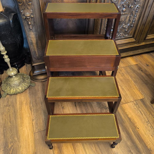 Antique mahogany metamorphic coffee table with leather top and library steps, Georgian style