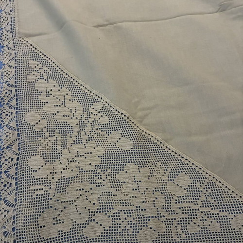 Vintage Handmade Tablecloth with Crochet Lace in Cream