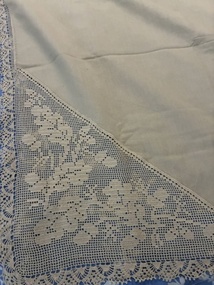 Vintage Handmade Tablecloth with Crochet Lace in Cream