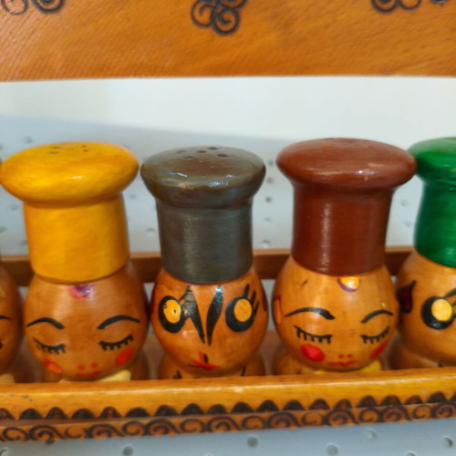 Vintage 1970s Japanese handmade wooden salt and pepper shakers, set of 5 with wall rack