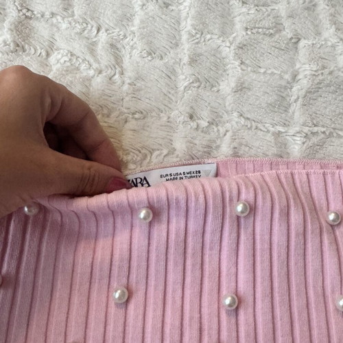 Zara Pink Ribbed Top with Pearl Details Size S Like New