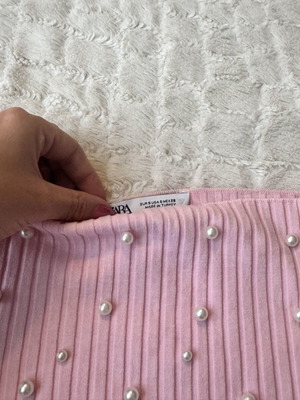 Zara Pink Ribbed Top with Pearl Details Size S Like New