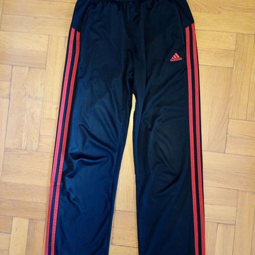 Adidas kids' tracksuit black with red used, shiny fabric, size 10-12