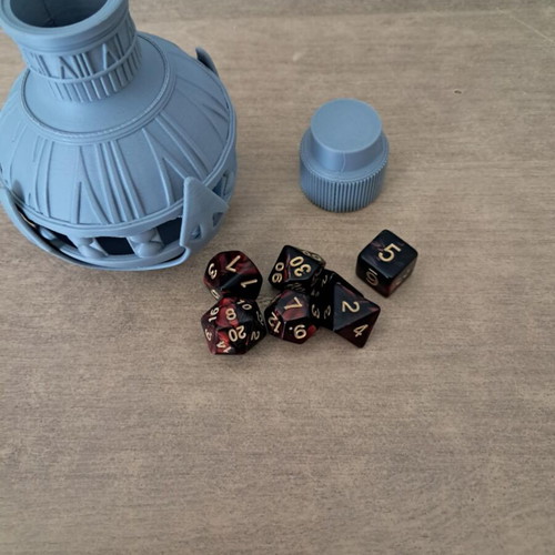 3D printed health pot with blood red D&D dice set
