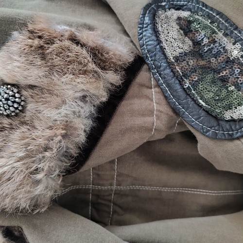Rococo women's parka jacket khaki with natural fur and sequins