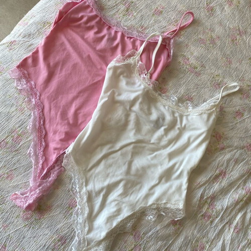Set of 2 cotton bodysuits pink and white with lace edges new